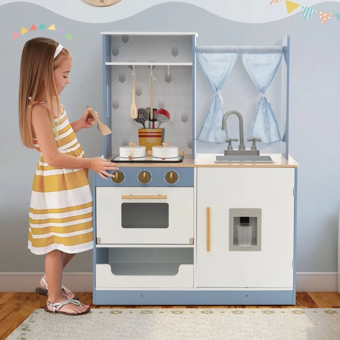 Kinderküche mit Vorhängen & Herd & Spüle & Ofen & Wasserspender Spielküchefür Kinder ab 3 J.