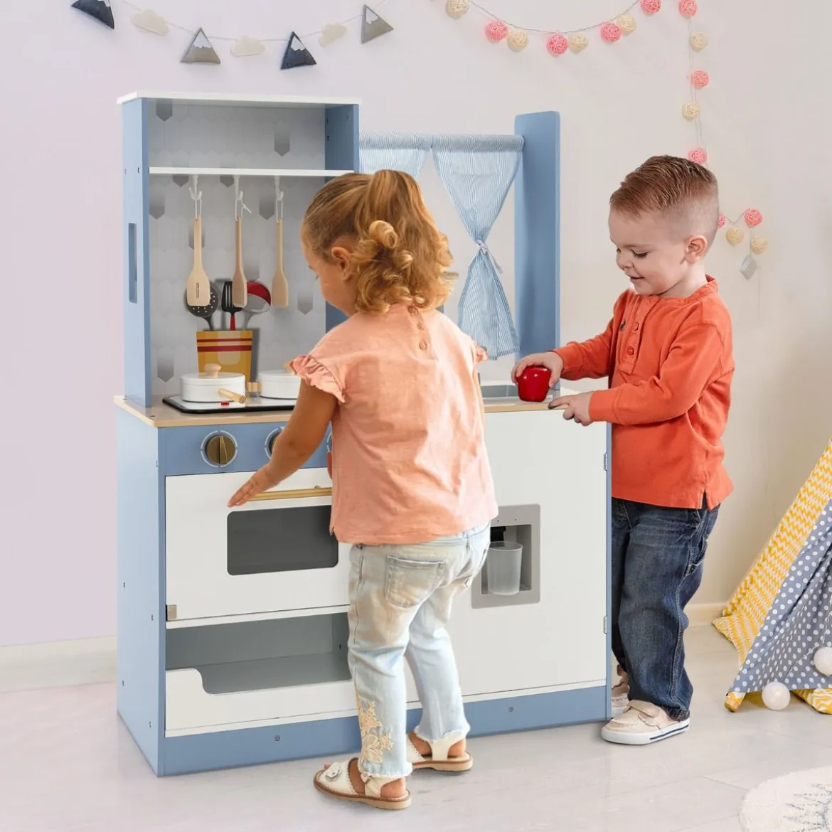 Kinderküche mit Vorhängen & Herd & Spüle & Ofen & Wasserspender Spielküchefür Kinder ab 3 J.