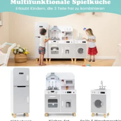Kinderküche mit Zubehör 3 in 1 Kinder Küche Holz mit Kühlschrank & Waschmaschine Braun/Grau
