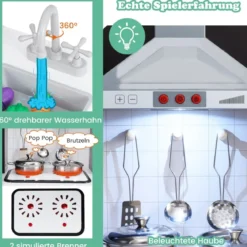 Kinderküche mit Zubehör 3 in 1 Kinder Küche Holz mit Kühlschrank & Waschmaschine Braun/Grau