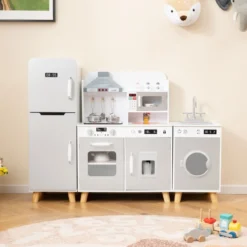 Kinderküche mit Zubehör 3 in 1 Kinder Küche Holz mit Kühlschrank & Waschmaschine Braun/Grau