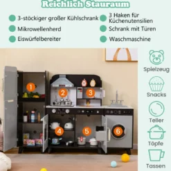 Kinderküche mit Zubehör 3 in 1 Kinder Küche Holz mit Kühlschrank & Waschmaschine Braun/Grau