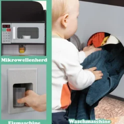 Kinderküche mit Zubehör 3 in 1 Kinder Küche Holz mit Kühlschrank & Waschmaschine Braun/Grau