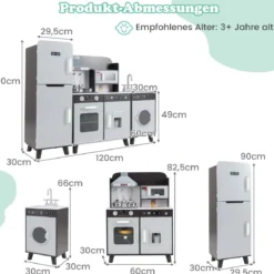 Kinderküche mit Zubehör 3 in 1 Kinder Küche Holz mit Kühlschrank & Waschmaschine Braun/Grau