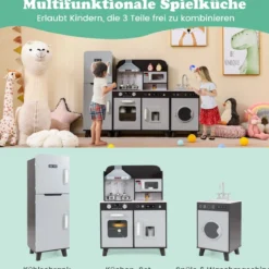 Kinderküche mit Zubehör 3 in 1 Kinder Küche Holz mit Kühlschrank & Waschmaschine Braun/Grau