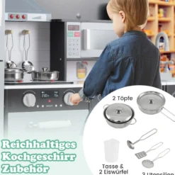 Kinderküche mit Zubehör 3 in 1 Kinder Küche Holz mit Kühlschrank & Waschmaschine Braun/Grau