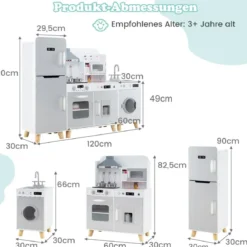 Kinderküche mit Zubehör 3 in 1 Kinder Küche Holz mit Kühlschrank & Waschmaschine Braun/Grau
