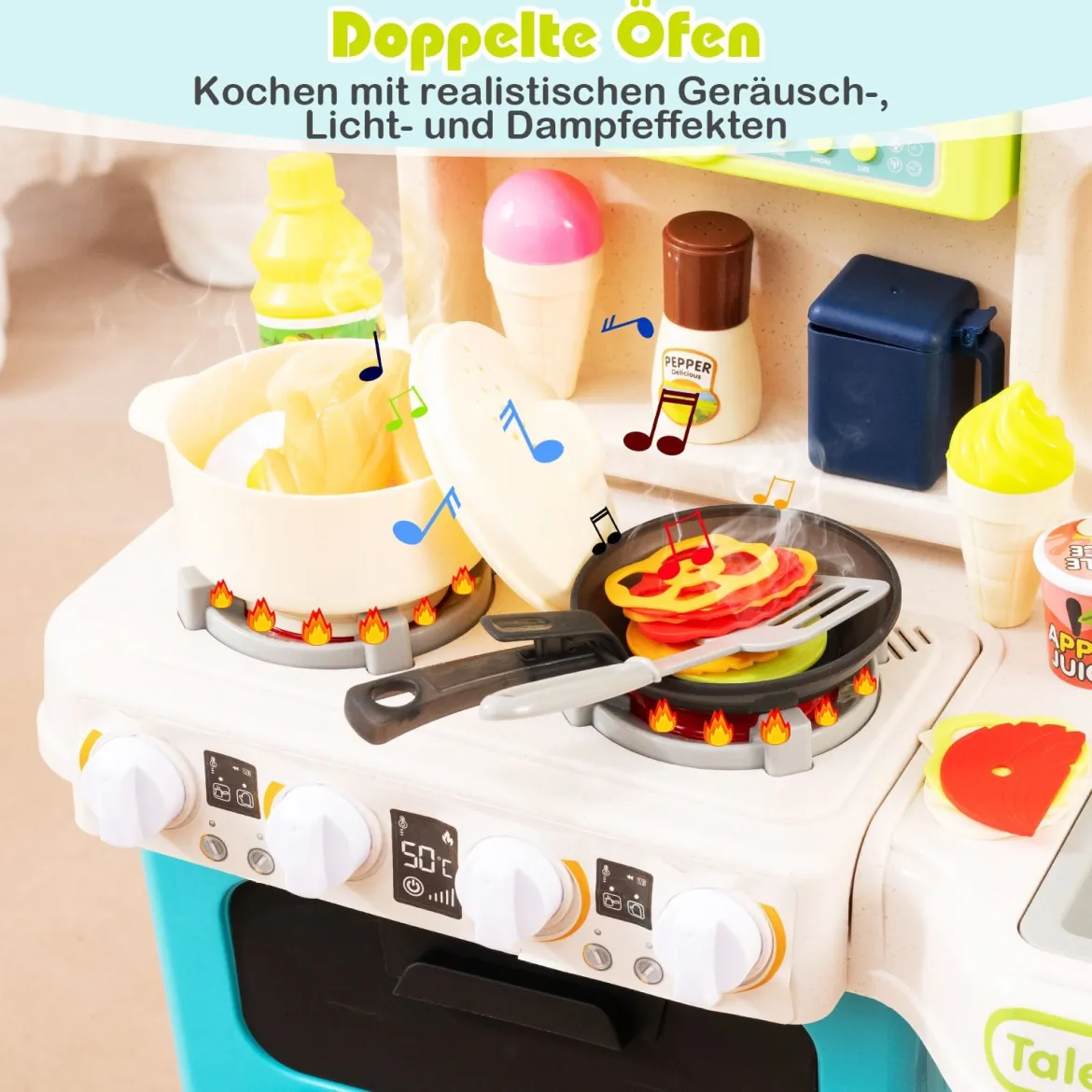Kinderküche mit 54 Zubehör Spielküche PuppenkücheSpielzeugküche für Kinder ab 3 Jahren Blau