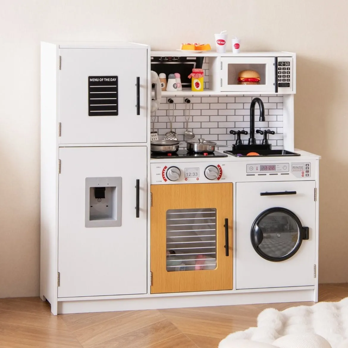 Kinderküche mit Zubehör Spielküchen-Spielzeugset mit Ofen & Waschmaschine