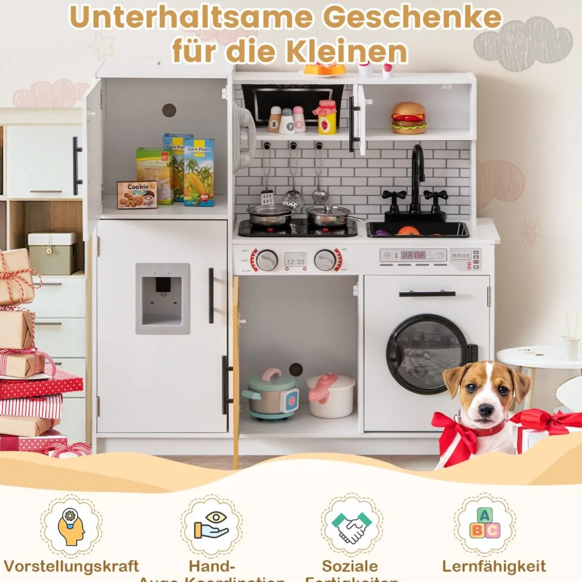 Kinderküche mit Zubehör Spielküchen-Spielzeugset mit Ofen & Waschmaschine