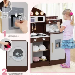 Kinderküche mit 27 Zubehör Spielküche Holz mit Uhr Mikrowelle Braun/Rosa/Weiß