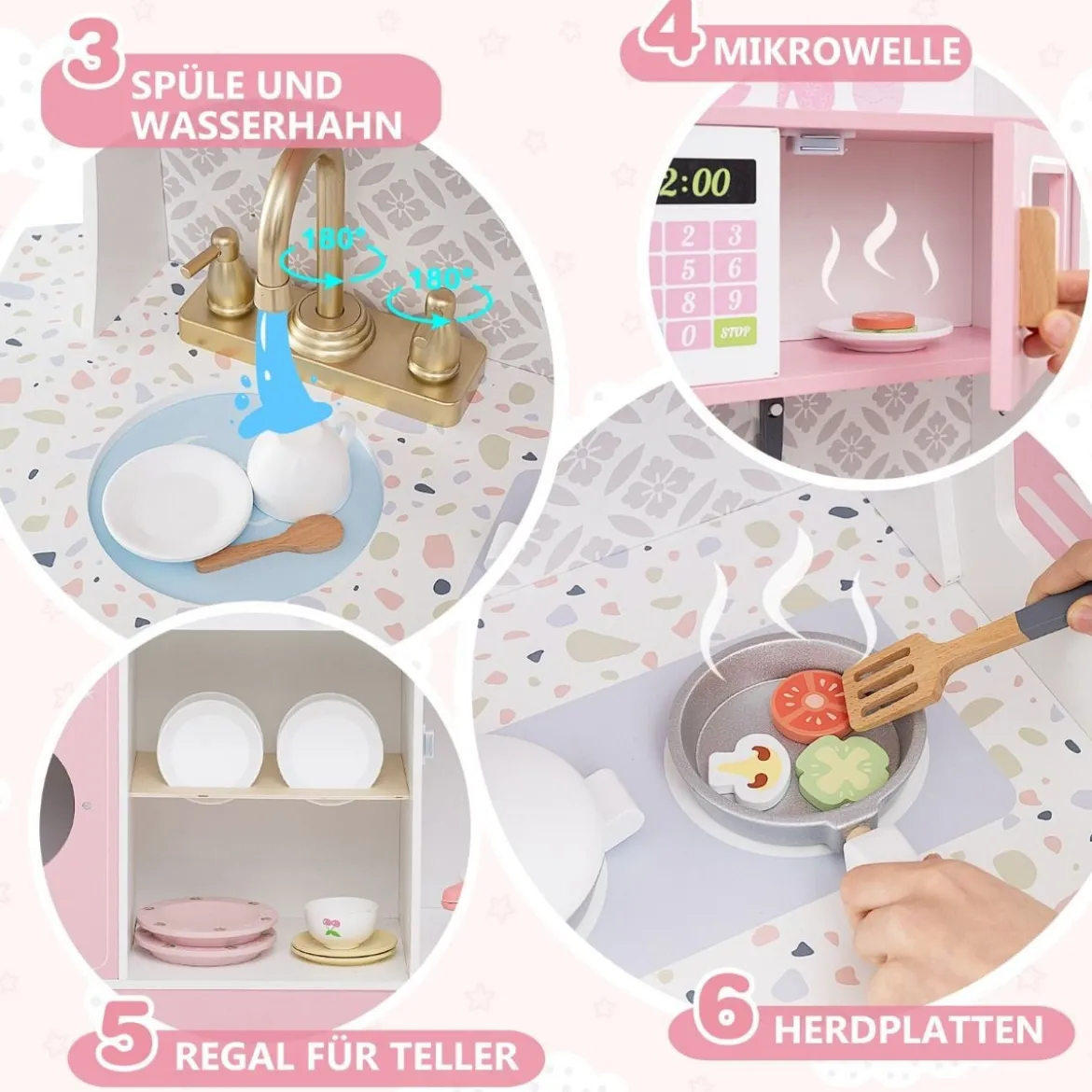 Kinderküche mit 27 Zubehör Spielküche Holz mit Uhr Mikrowelle Braun/Rosa/Weiß