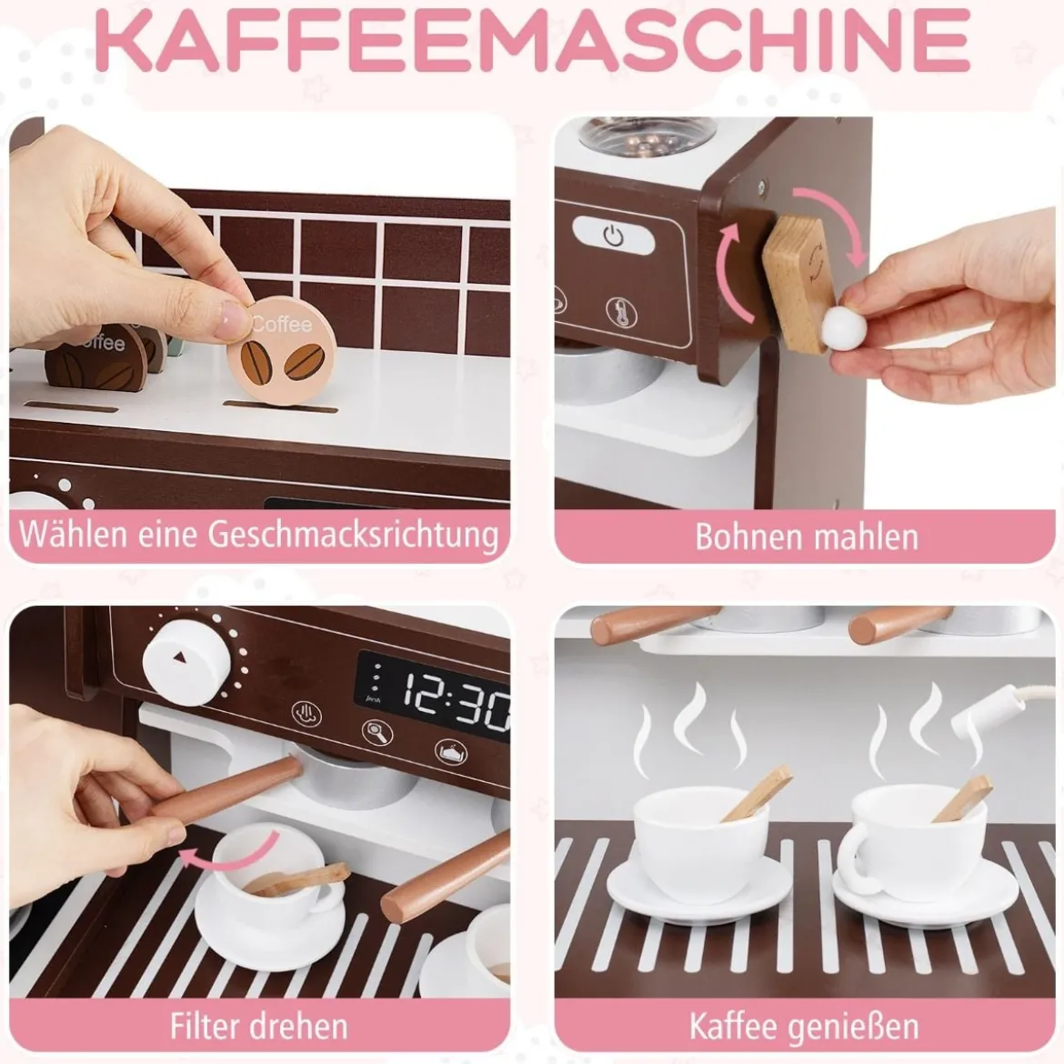 Kinderküche mit 27 Zubehör Spielküche Holz mit Uhr Mikrowelle Braun/Rosa/Weiß
