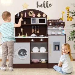 Kinderküche mit 27 Zubehör Spielküche Holz mit Uhr Mikrowelle Braun/Rosa/Weiß