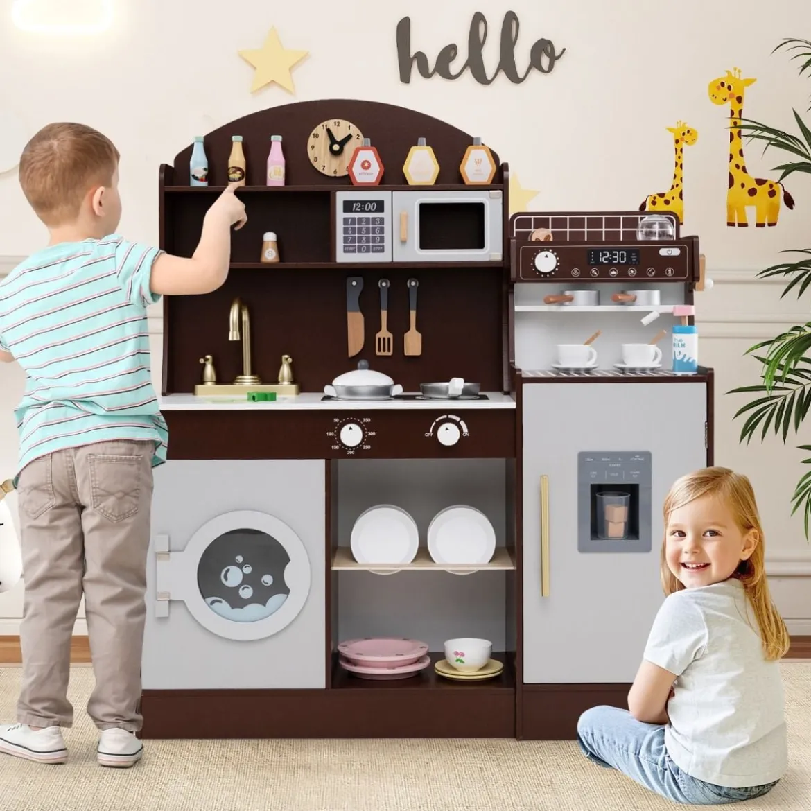 Kinderküche mit 27 Zubehör Spielküche Holz mit Uhr Mikrowelle Braun/Rosa/Weiß