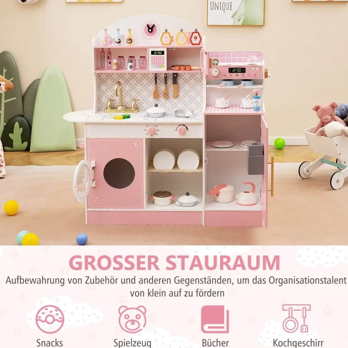 Kinderküche mit 27 Zubehör Spielküche Holz mit Uhr Mikrowelle Braun/Rosa/Weiß