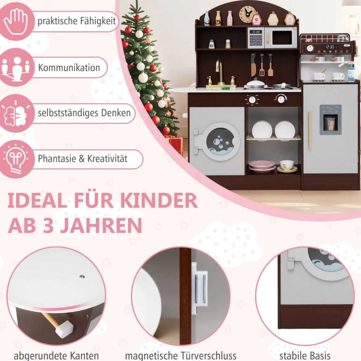 Kinderküche mit 27 Zubehör Spielküche Holz mit Uhr Mikrowelle Braun/Rosa/Weiß