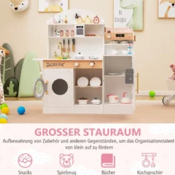 Kinderküche mit 27 Zubehör Spielküche Holz mit Uhr Mikrowelle Braun/Rosa/Weiß