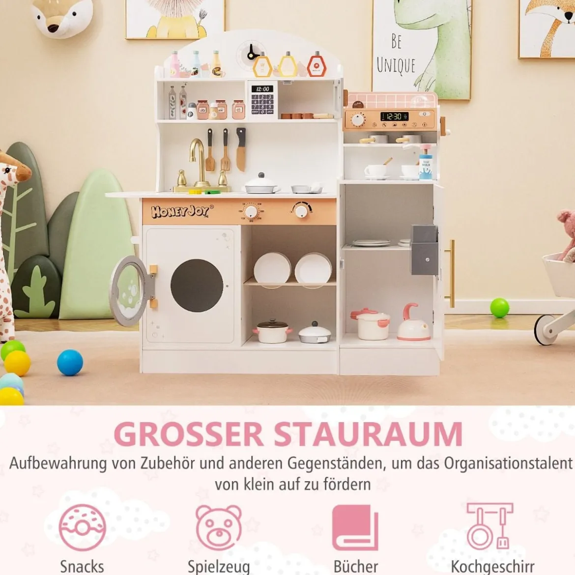 Kinderküche mit 27 Zubehör Spielküche Holz mit Uhr Mikrowelle Braun/Rosa/Weiß