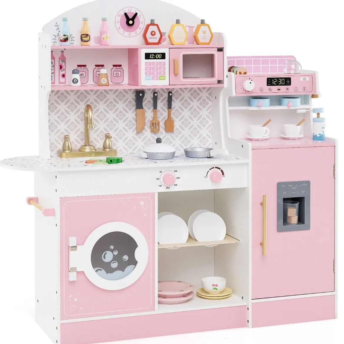 Kinderküche mit 27 Zubehör Spielküche Holz mit Uhr Mikrowelle Braun/Rosa/Weiß