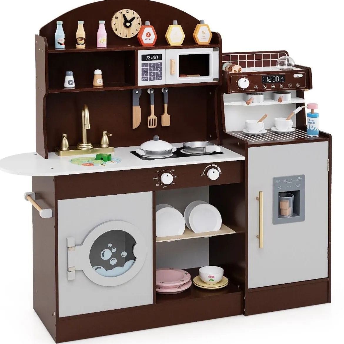 Kinderküche mit 27 Zubehör Spielküche Holz mit Uhr Mikrowelle Braun/Rosa/Weiß