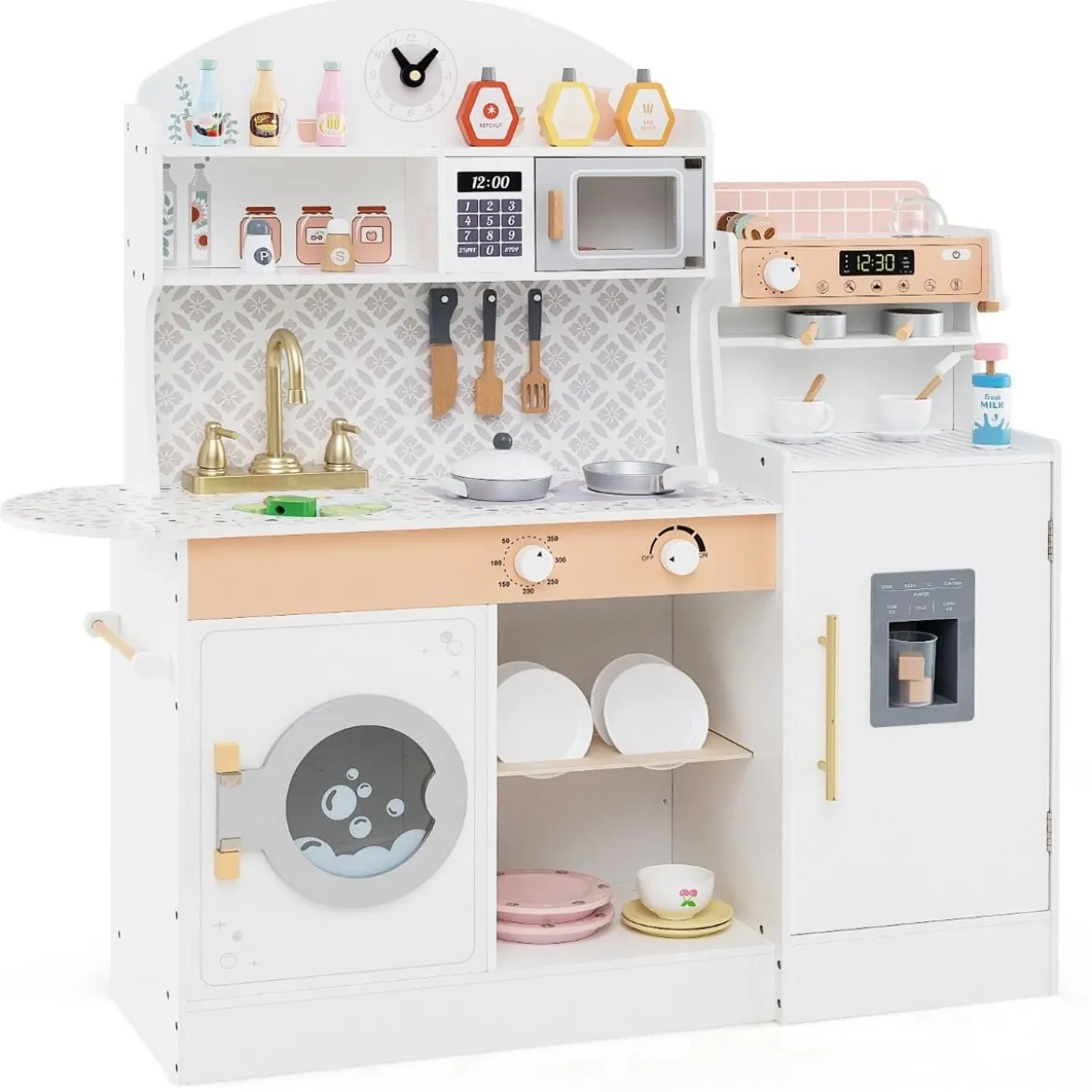 Kinderküche mit 27 Zubehör Spielküche Holz mit Uhr Mikrowelle Braun/Rosa/Weiß