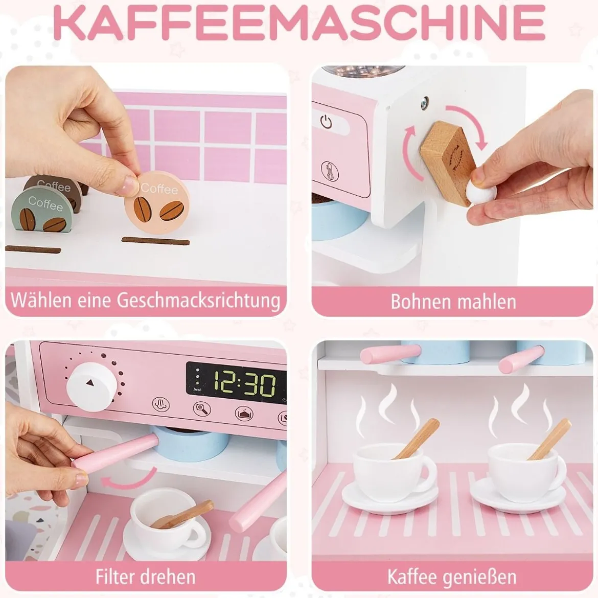 Kinderküche mit 27 Zubehör Spielküche Holz mit Uhr Mikrowelle Braun/Rosa/Weiß