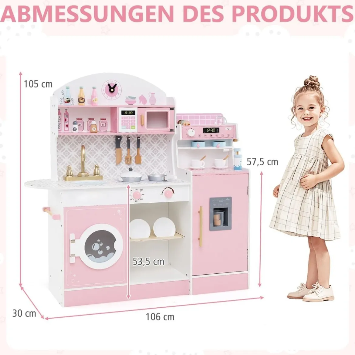 Kinderküche mit 27 Zubehör Spielküche Holz mit Uhr Mikrowelle Braun/Rosa/Weiß