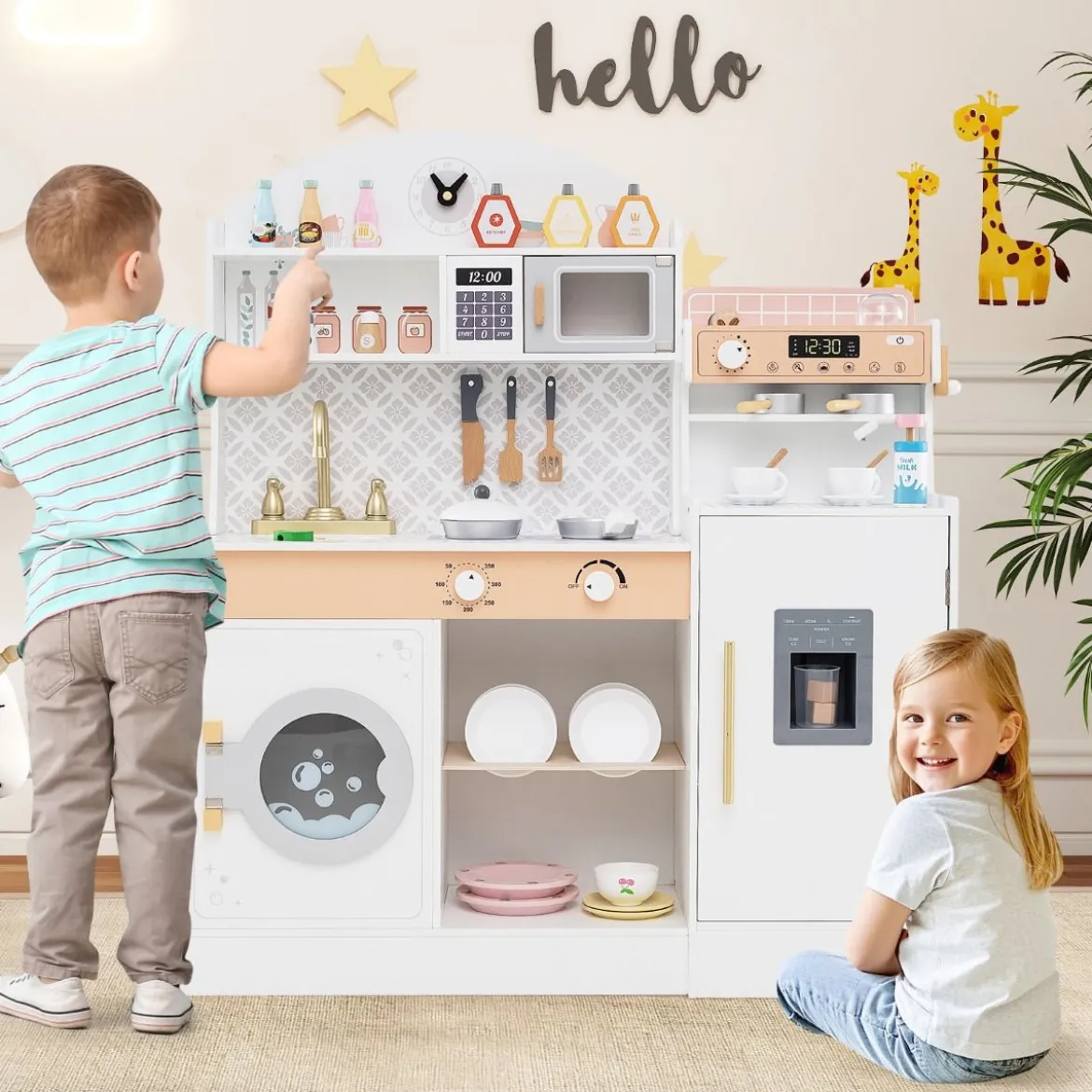 Kinderküche mit 27 Zubehör Spielküche Holz mit Uhr Mikrowelle Braun/Rosa/Weiß