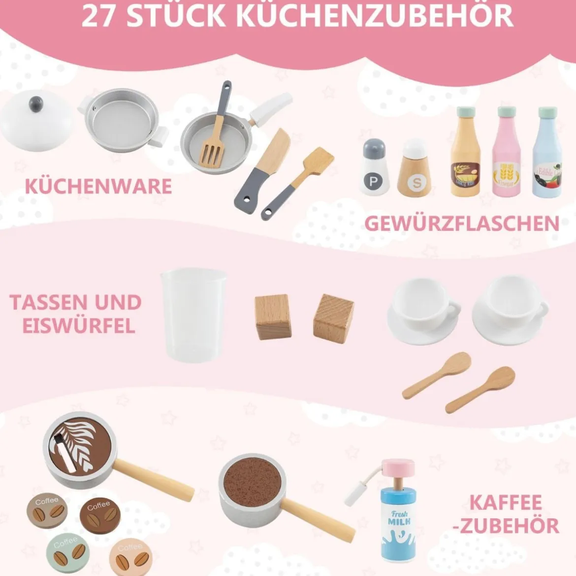 Kinderküche mit 27 Zubehör Spielküche Holz mit Uhr Mikrowelle Braun/Rosa/Weiß