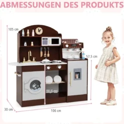 Kinderküche mit 27 Zubehör Spielküche Holz mit Uhr Mikrowelle Braun/Rosa/Weiß