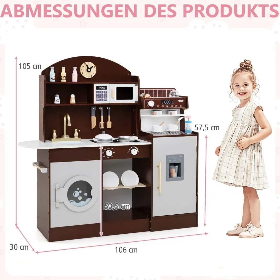 Kinderküche mit 27 Zubehör Spielküche Holz mit Uhr Mikrowelle Braun/Rosa/Weiß