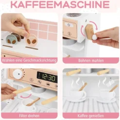 Kinderküche mit 27 Zubehör Spielküche Holz mit Uhr Mikrowelle Braun/Rosa/Weiß