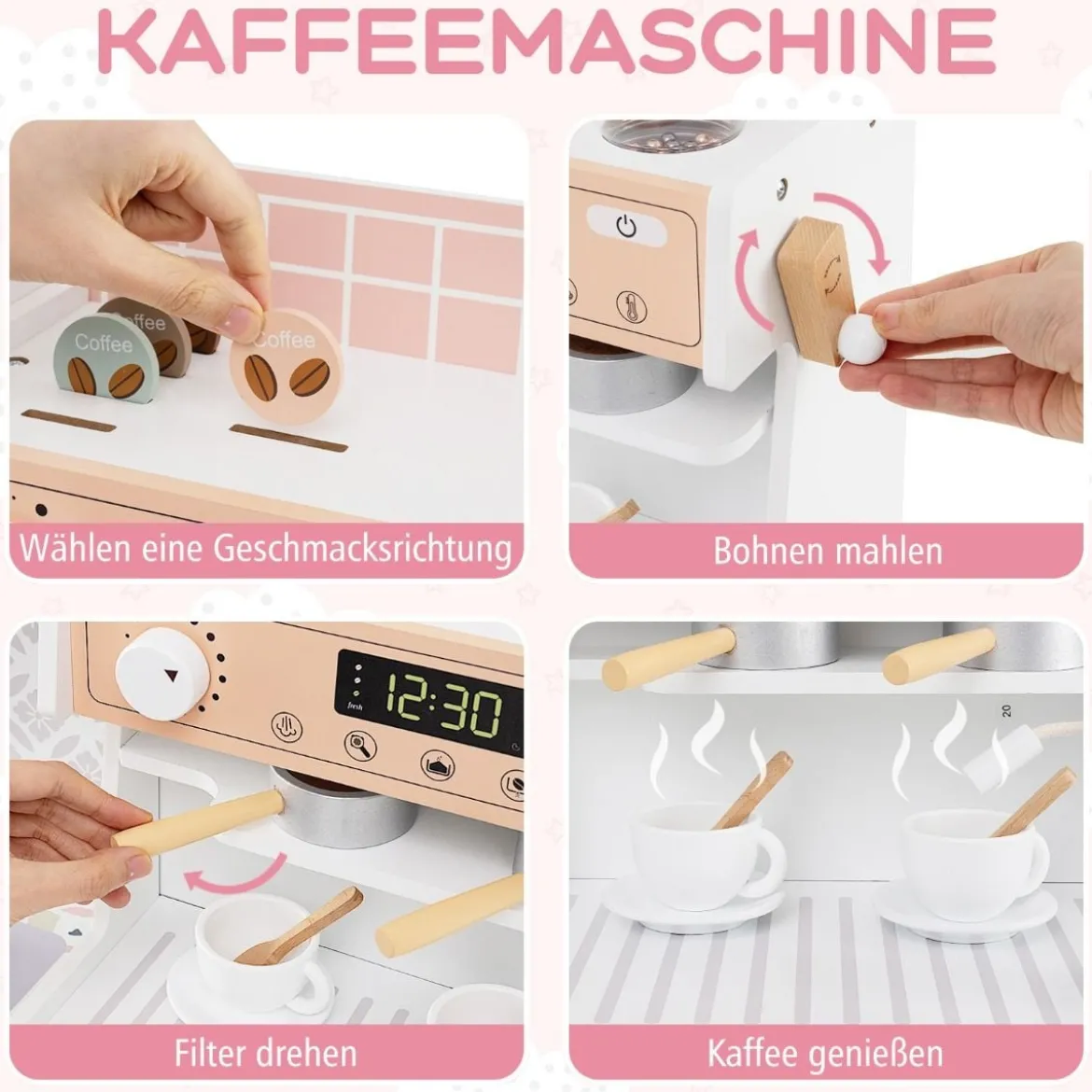 Kinderküche mit 27 Zubehör Spielküche Holz mit Uhr Mikrowelle Braun/Rosa/Weiß