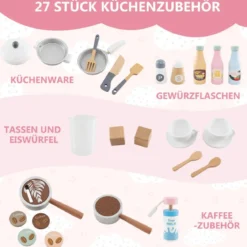 Kinderküche mit 27 Zubehör Spielküche Holz mit Uhr Mikrowelle Braun/Rosa/Weiß