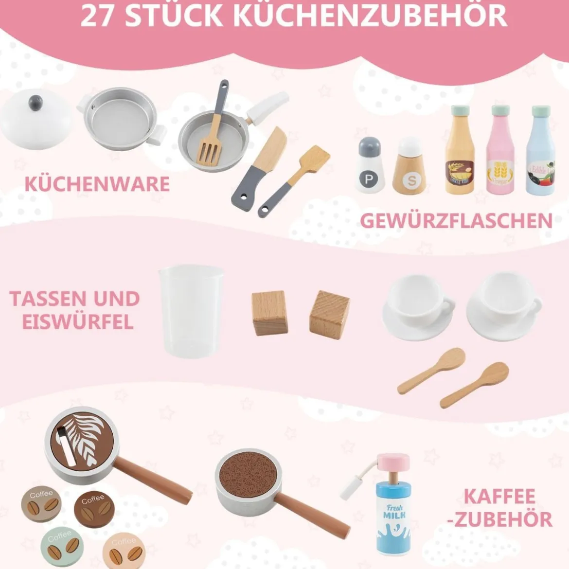 Kinderküche mit 27 Zubehör Spielküche Holz mit Uhr Mikrowelle Braun/Rosa/Weiß