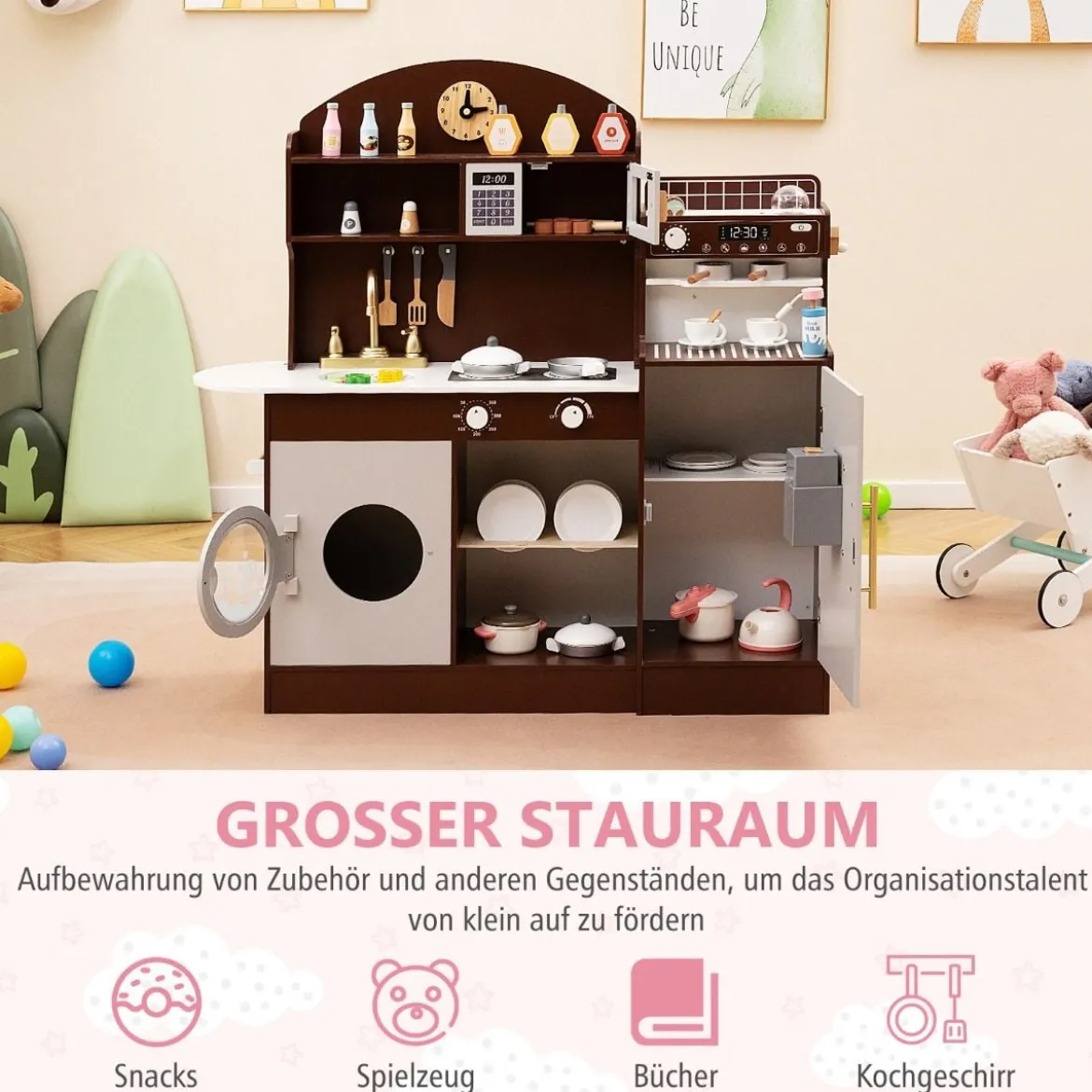 Kinderküche mit 27 Zubehör Spielküche Holz mit Uhr Mikrowelle Braun/Rosa/Weiß