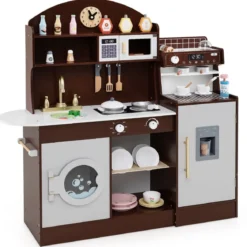 Kinderküche mit 27 Zubehör Spielküche Holz mit Uhr Mikrowelle Braun/Rosa/Weiß