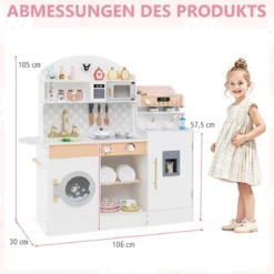 Kinderküche mit 27 Zubehör Spielküche Holz mit Uhr Mikrowelle Braun/Rosa/Weiß