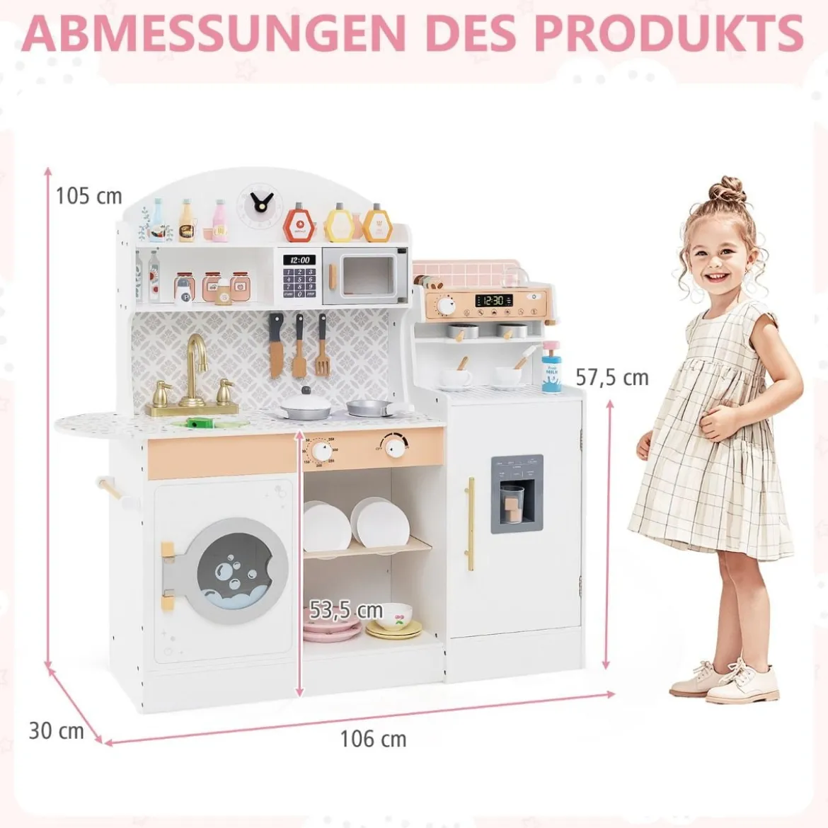 Kinderküche mit 27 Zubehör Spielküche Holz mit Uhr Mikrowelle Braun/Rosa/Weiß