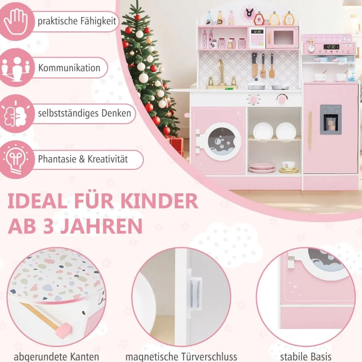 Kinderküche mit 27 Zubehör Spielküche Holz mit Uhr Mikrowelle Braun/Rosa/Weiß