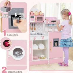 Kinderküche mit 27 Zubehör Spielküche Holz mit Uhr Mikrowelle Braun/Rosa/Weiß