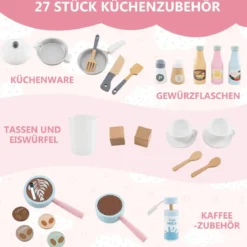 Kinderküche mit 27 Zubehör Spielküche Holz mit Uhr Mikrowelle Braun/Rosa/Weiß