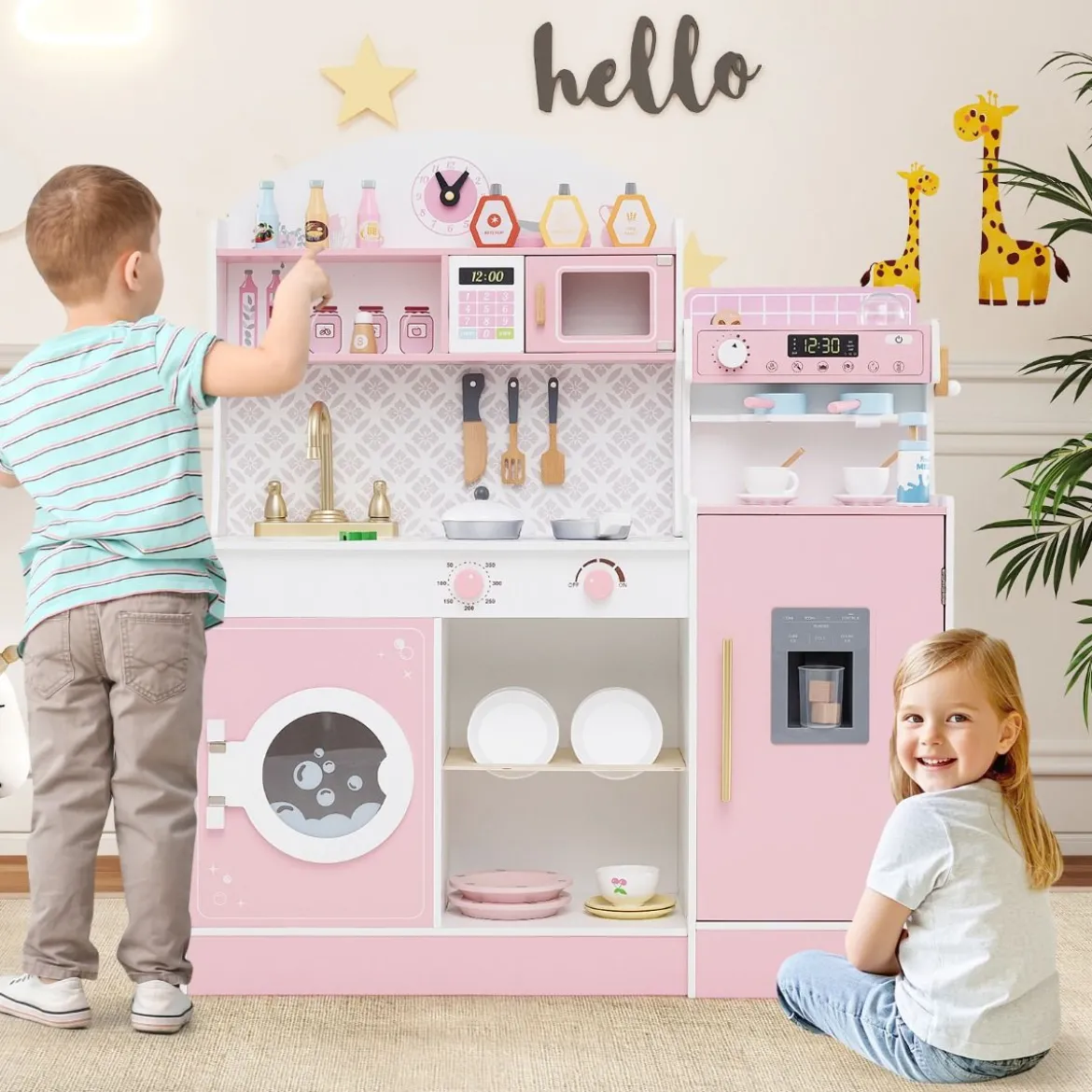 Kinderküche mit 27 Zubehör Spielküche Holz mit Uhr Mikrowelle Braun/Rosa/Weiß