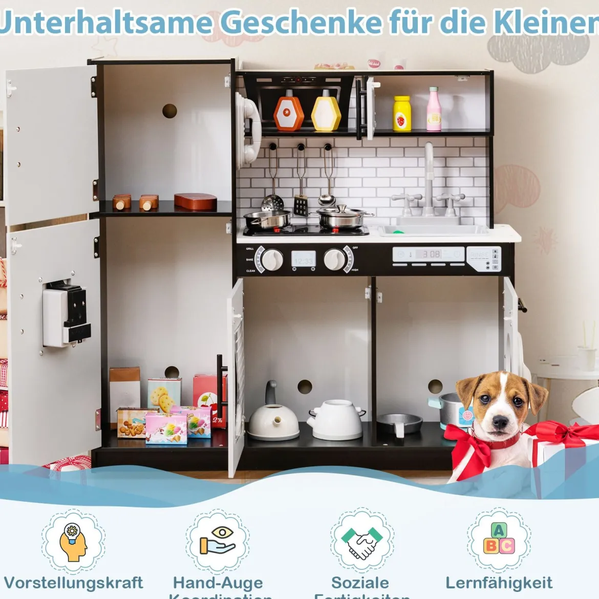 Kinderküche mit Zubehör Spielküchen-Spielzeugset mit Ofen & Waschmaschine Schwarz