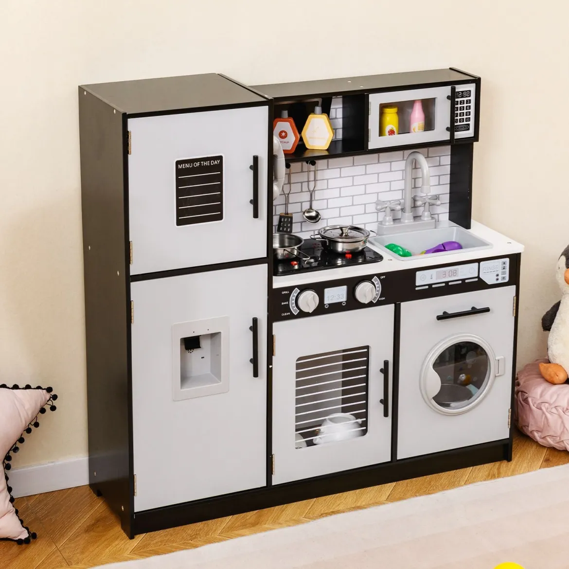 Kinderküche mit Zubehör Spielküchen-Spielzeugset mit Ofen & Waschmaschine Schwarz