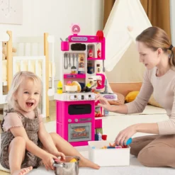 Kinderküche mit 54 Zubehör Spielküche PuppenkücheSpielzeugküche für Kinder ab 3 Jahren Rosa