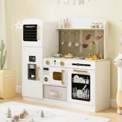 Kinderküche mit Zubehör Spielküche mit Schreibtafel Eismaschine Spüle Spielzeugküche Weiß