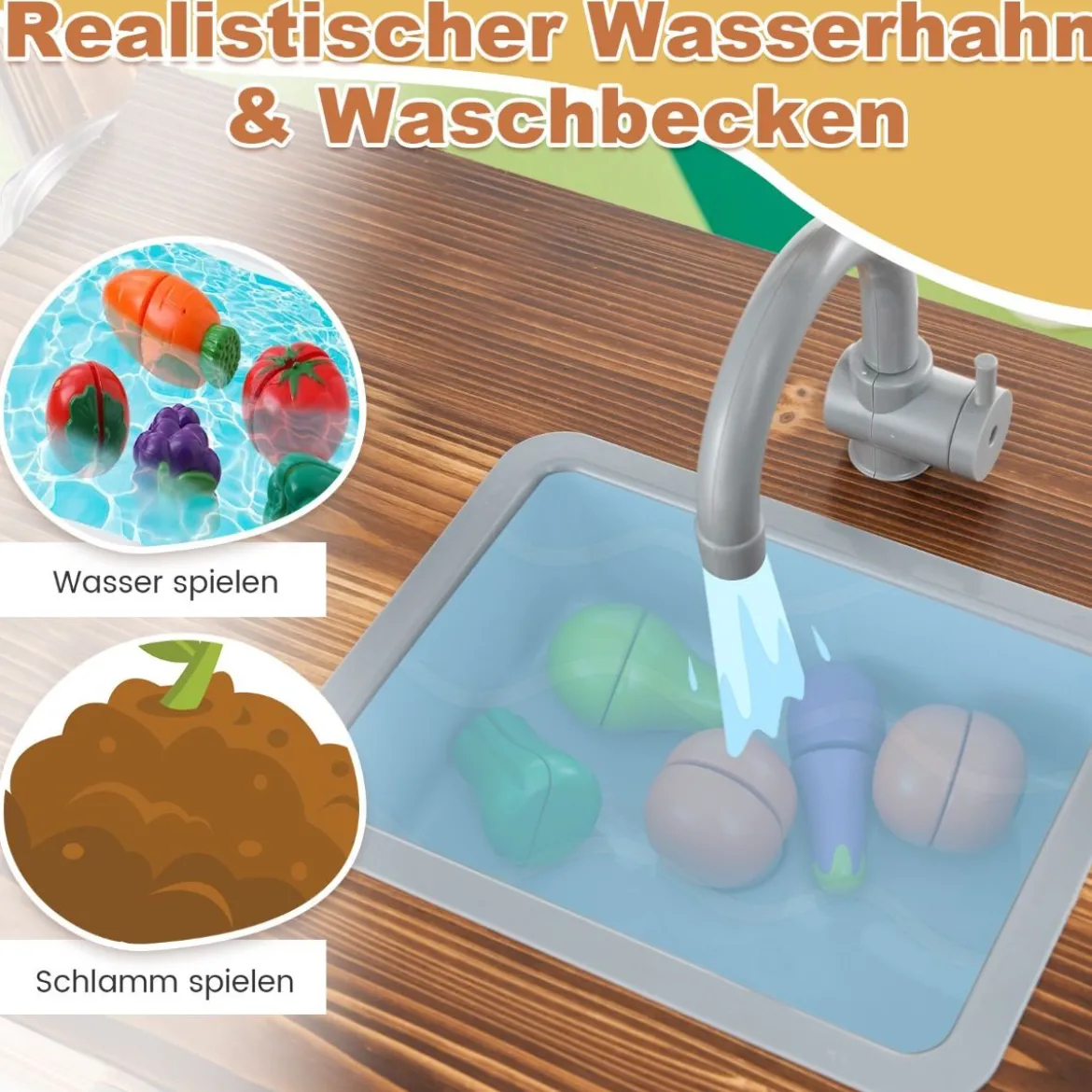 Kinderküchen aus Tannenholz mit Drehbarem Wasserhahn & Abnehmbarem Spülbecken & Kreidetafel