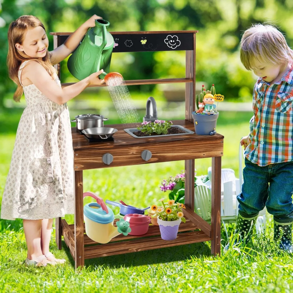Kinderküchen aus Tannenholz mit Drehbarem Wasserhahn & Abnehmbarem Spülbecken & Kreidetafel